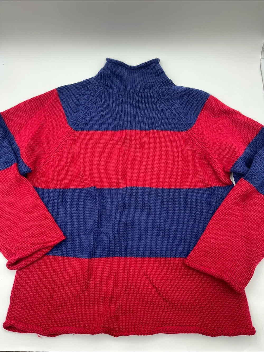 Vtg 90s J. Crew Red Blue Striped Roll Neck Sweater 100% Wool Lightweight Mens L